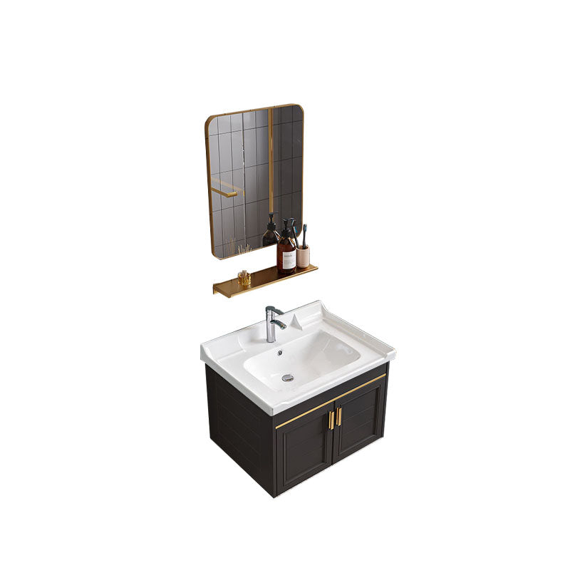 Single Sink Modern Sink Vanity Black Wall Mount Rectangular Bath Vanity Vanity & Faucet & Mirrors 24"L x 16"W x 19"H Square Mirror Clearhalo 'Bathroom Remodel & Bathroom Fixtures' 'Bathroom Vanities' 'bathroom_vanities' 'Home Improvement' 'home_improvement' 'home_improvement_bathroom_vanities' 7725069