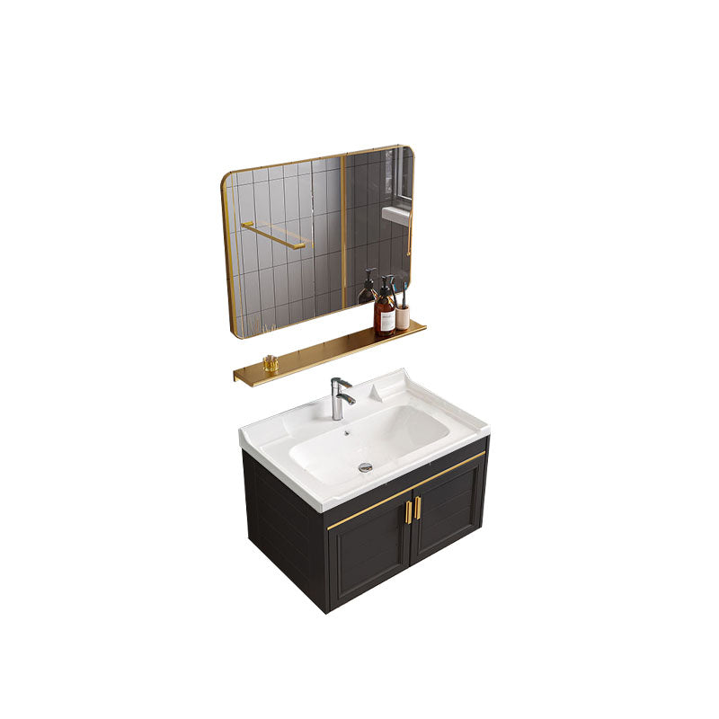 Single Sink Modern Sink Vanity Black Wall Mount Rectangular Bath Vanity Vanity & Faucet & Mirrors Square Mirror Clearhalo 'Bathroom Remodel & Bathroom Fixtures' 'Bathroom Vanities' 'bathroom_vanities' 'Home Improvement' 'home_improvement' 'home_improvement_bathroom_vanities' 7725071