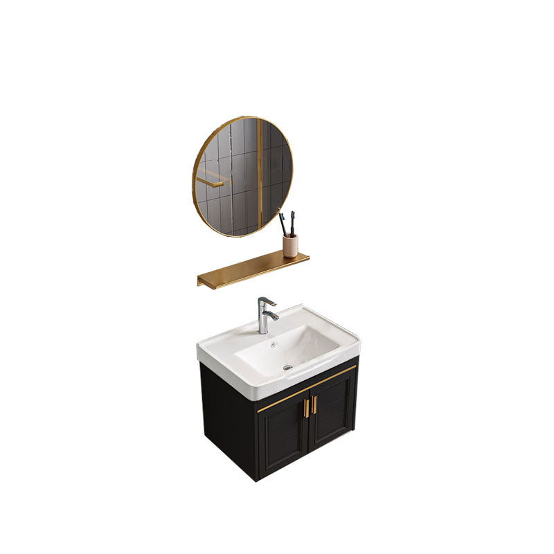 Single Sink Modern Sink Vanity Black Wall Mount Rectangular Bath Vanity Vanity & Faucet & Mirrors 20"L x 14"W x 19"H Round Mirror Clearhalo 'Bathroom Remodel & Bathroom Fixtures' 'Bathroom Vanities' 'bathroom_vanities' 'Home Improvement' 'home_improvement' 'home_improvement_bathroom_vanities' 7725076