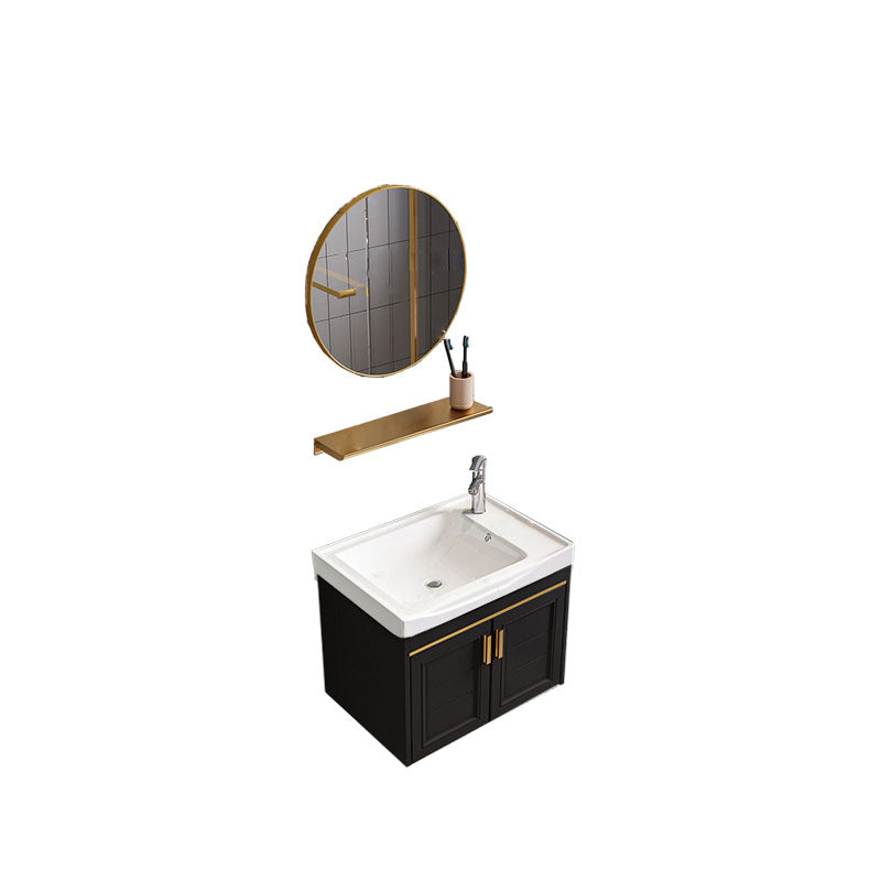 Single Sink Modern Sink Vanity Black Wall Mount Rectangular Bath Vanity Vanity & Faucet & Mirrors 20"L x 12"W x 19"H Round Mirror Clearhalo 'Bathroom Remodel & Bathroom Fixtures' 'Bathroom Vanities' 'bathroom_vanities' 'Home Improvement' 'home_improvement' 'home_improvement_bathroom_vanities' 7725078