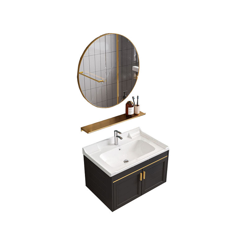 Single Sink Modern Sink Vanity Black Wall Mount Rectangular Bath Vanity Vanity & Faucet & Mirrors Round Mirror Clearhalo 'Bathroom Remodel & Bathroom Fixtures' 'Bathroom Vanities' 'bathroom_vanities' 'Home Improvement' 'home_improvement' 'home_improvement_bathroom_vanities' 7725080