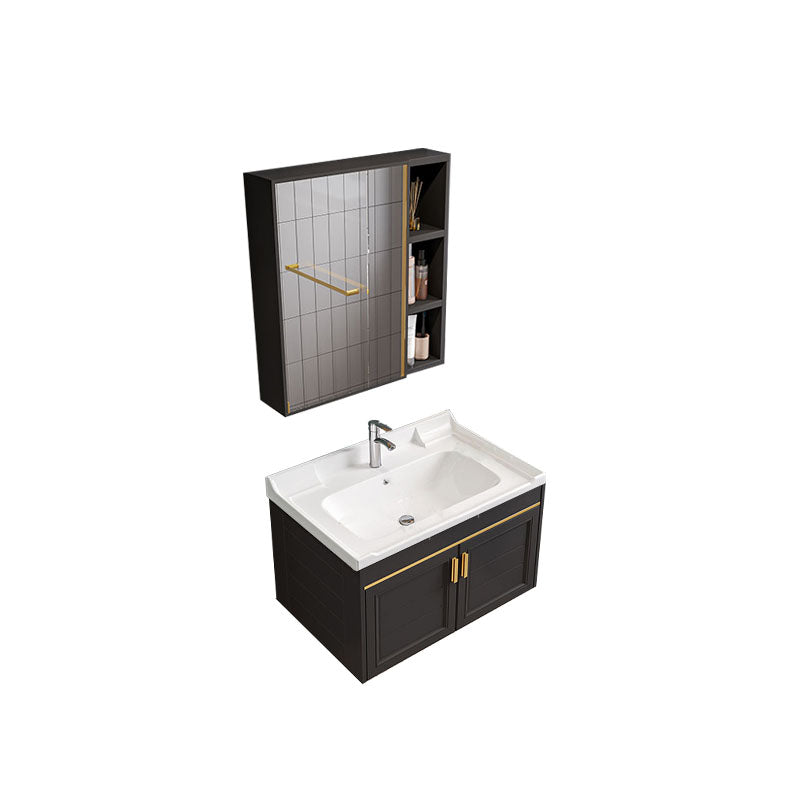 Single Sink Modern Sink Vanity Black Wall Mount Rectangular Bath Vanity Vanity & Faucet & Mirror Cabinet Square Mirror Clearhalo 'Bathroom Remodel & Bathroom Fixtures' 'Bathroom Vanities' 'bathroom_vanities' 'Home Improvement' 'home_improvement' 'home_improvement_bathroom_vanities' 7725085