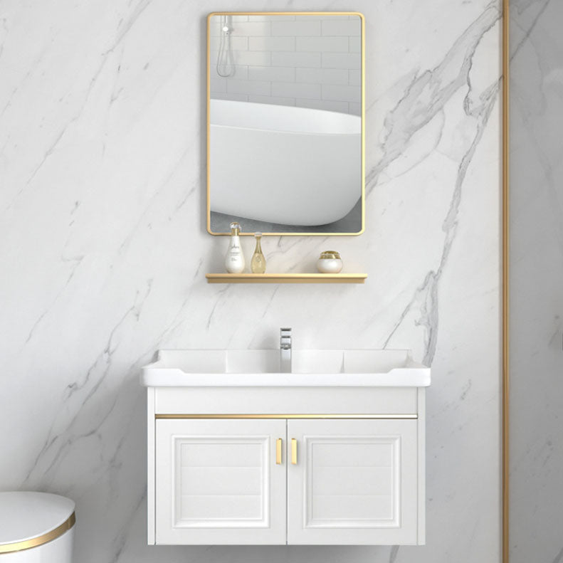 Single White Modern Bath Vanity Metal Base Wall Mount Sink Vanity Clearhalo 'Bathroom Remodel & Bathroom Fixtures' 'Bathroom Vanities' 'bathroom_vanities' 'Home Improvement' 'home_improvement' 'home_improvement_bathroom_vanities' 7725109