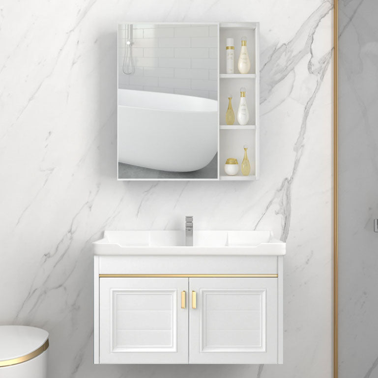 Single White Modern Bath Vanity Metal Base Wall Mount Sink Vanity Clearhalo 'Bathroom Remodel & Bathroom Fixtures' 'Bathroom Vanities' 'bathroom_vanities' 'Home Improvement' 'home_improvement' 'home_improvement_bathroom_vanities' 7725111