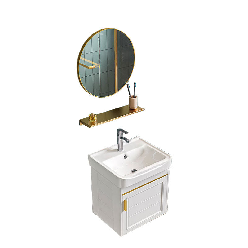 Single White Modern Bath Vanity Metal Base Wall Mount Sink Vanity Vanity & Faucet & Mirrors 17"L x 14"W x 16"H Round Mirror Clearhalo 'Bathroom Remodel & Bathroom Fixtures' 'Bathroom Vanities' 'bathroom_vanities' 'Home Improvement' 'home_improvement' 'home_improvement_bathroom_vanities' 7725119