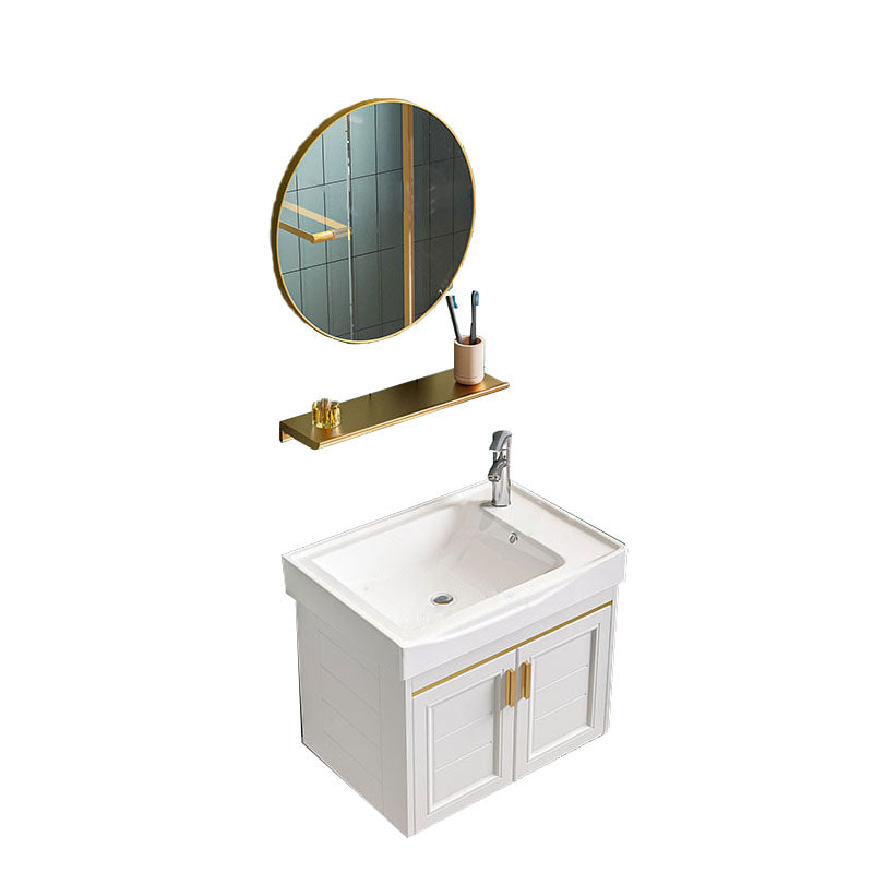 Single White Modern Bath Vanity Metal Base Wall Mount Sink Vanity Vanity & Faucet & Mirrors 20"L x 12"W x 16"H Round Mirror Clearhalo 'Bathroom Remodel & Bathroom Fixtures' 'Bathroom Vanities' 'bathroom_vanities' 'Home Improvement' 'home_improvement' 'home_improvement_bathroom_vanities' 7725124