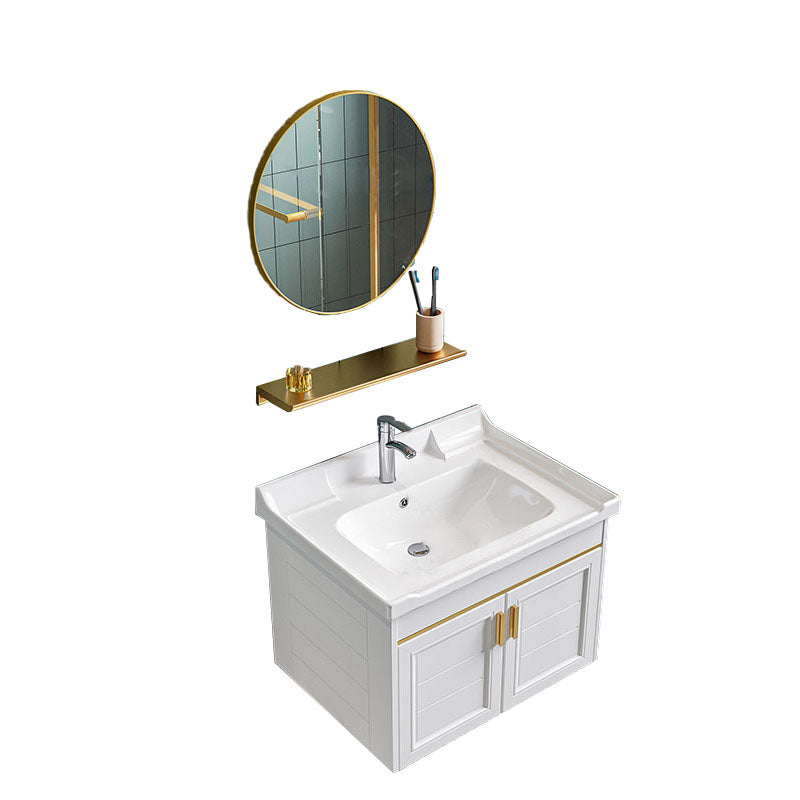 Single White Modern Bath Vanity Metal Base Wall Mount Sink Vanity Vanity & Faucet & Mirrors 24"L x 16"W x 16"H Round Mirror Clearhalo 'Bathroom Remodel & Bathroom Fixtures' 'Bathroom Vanities' 'bathroom_vanities' 'Home Improvement' 'home_improvement' 'home_improvement_bathroom_vanities' 7725125