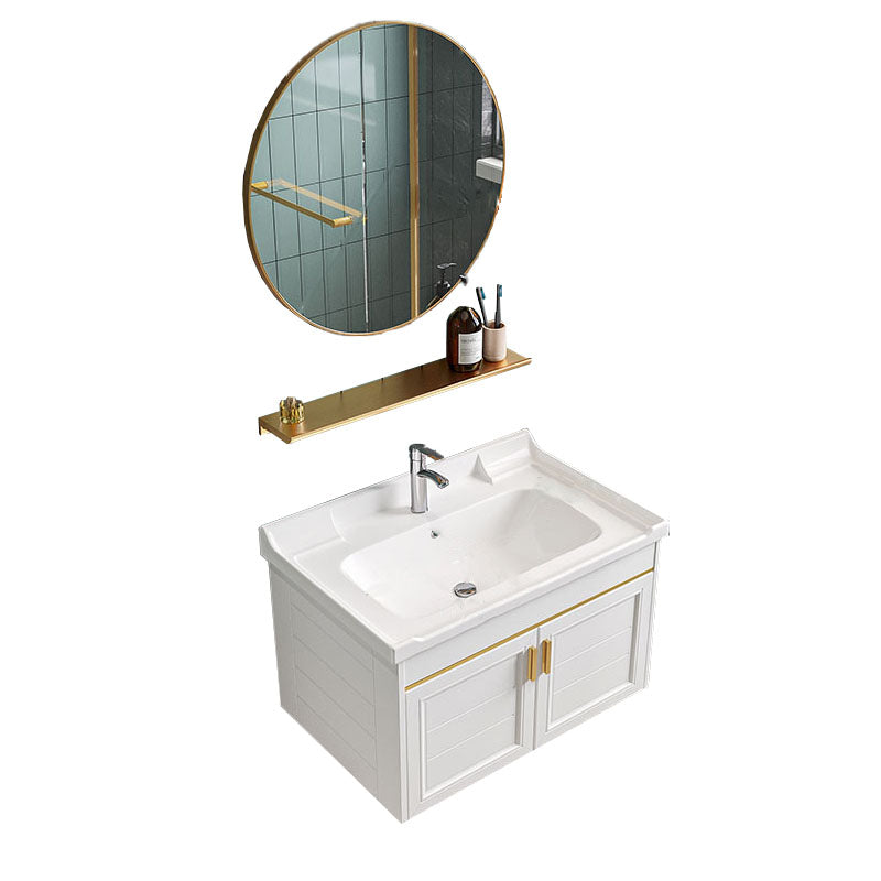 Single White Modern Bath Vanity Metal Base Wall Mount Sink Vanity Vanity & Faucet & Mirrors Round Mirror Clearhalo 'Bathroom Remodel & Bathroom Fixtures' 'Bathroom Vanities' 'bathroom_vanities' 'Home Improvement' 'home_improvement' 'home_improvement_bathroom_vanities' 7725126