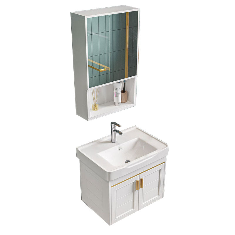 Single White Modern Bath Vanity Metal Base Wall Mount Sink Vanity Vanity & Faucet & Mirror Cabinet 20"L x 14"W x 16"H Square Mirror Clearhalo 'Bathroom Remodel & Bathroom Fixtures' 'Bathroom Vanities' 'bathroom_vanities' 'Home Improvement' 'home_improvement' 'home_improvement_bathroom_vanities' 7725128