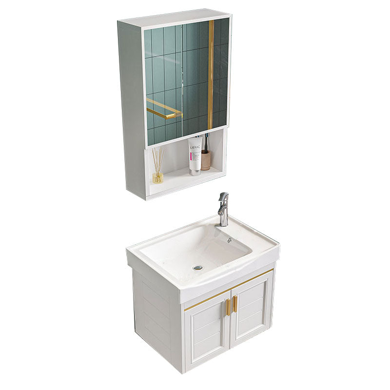 Single White Modern Bath Vanity Metal Base Wall Mount Sink Vanity Vanity & Faucet & Mirror Cabinet 20"L x 12"W x 16"H Square Mirror Clearhalo 'Bathroom Remodel & Bathroom Fixtures' 'Bathroom Vanities' 'bathroom_vanities' 'Home Improvement' 'home_improvement' 'home_improvement_bathroom_vanities' 7725129