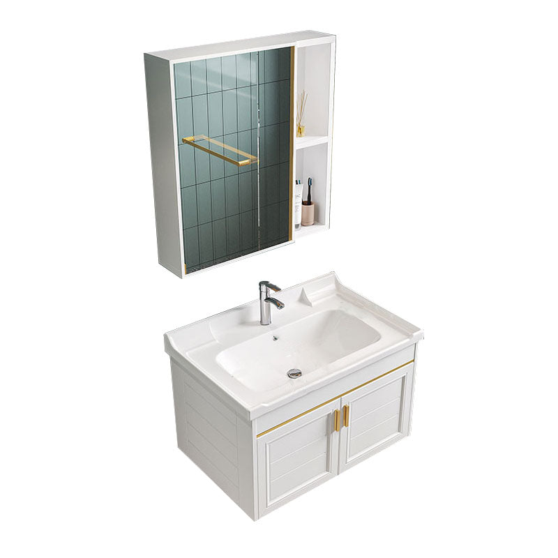 Single White Modern Bath Vanity Metal Base Wall Mount Sink Vanity Vanity & Faucet & Mirror Cabinet Square Mirror Clearhalo 'Bathroom Remodel & Bathroom Fixtures' 'Bathroom Vanities' 'bathroom_vanities' 'Home Improvement' 'home_improvement' 'home_improvement_bathroom_vanities' 7725131