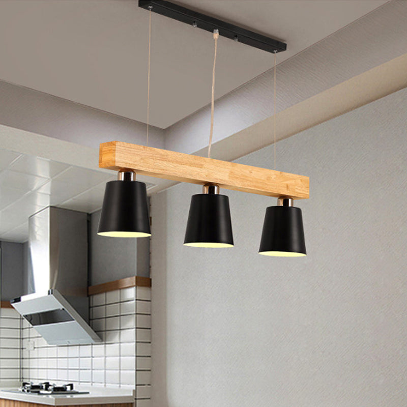 Tapered Indoor Hanging Ceiling Light Modern Metal 3 Heads Black/White Island Lighting with Wooden Beam Clearhalo 'Ceiling Lights' 'Island Lights' Lighting' 773154