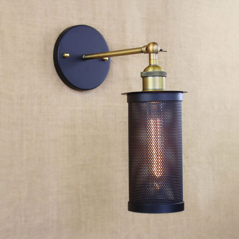 Cylindrical Mesh Metal Shade Wall Lighting Farmhouse 1 Light Corridor Wall Sconce Lamp in Black/Brass Clearhalo 'Art deco wall lights' 'Cast Iron' 'Glass' 'Industrial wall lights' 'Industrial' 'Middle century wall lights' 'Modern' 'Rustic wall lights' 'Tiffany' 'Traditional wall lights' 'Wall Lamps & Sconces' 'Wall Lights' Lighting' 773306