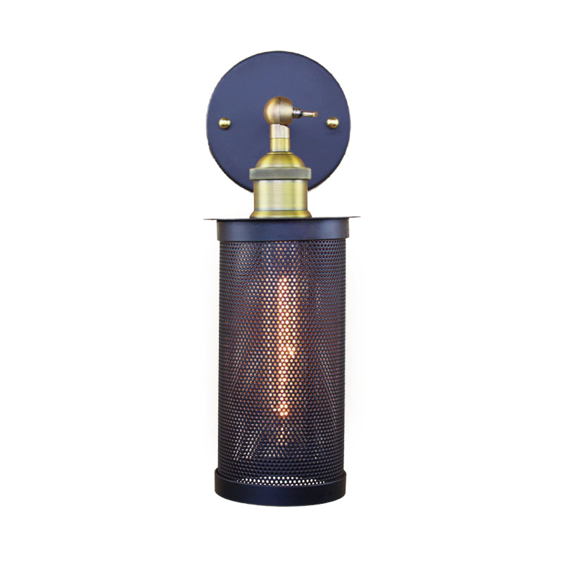 Cylindrical Mesh Metal Shade Wall Lighting Farmhouse 1 Light Corridor Wall Sconce Lamp in Black/Brass Clearhalo 'Art deco wall lights' 'Cast Iron' 'Glass' 'Industrial wall lights' 'Industrial' 'Middle century wall lights' 'Modern' 'Rustic wall lights' 'Tiffany' 'Traditional wall lights' 'Wall Lamps & Sconces' 'Wall Lights' Lighting' 773308