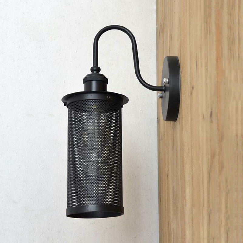 Cylindrical Mesh Metal Shade Wall Lighting Farmhouse 1 Light Corridor Wall Sconce Lamp in Black/Brass Black Clearhalo 'Art deco wall lights' 'Cast Iron' 'Glass' 'Industrial wall lights' 'Industrial' 'Middle century wall lights' 'Modern' 'Rustic wall lights' 'Tiffany' 'Traditional wall lights' 'Wall Lamps & Sconces' 'Wall Lights' Lighting' 773309