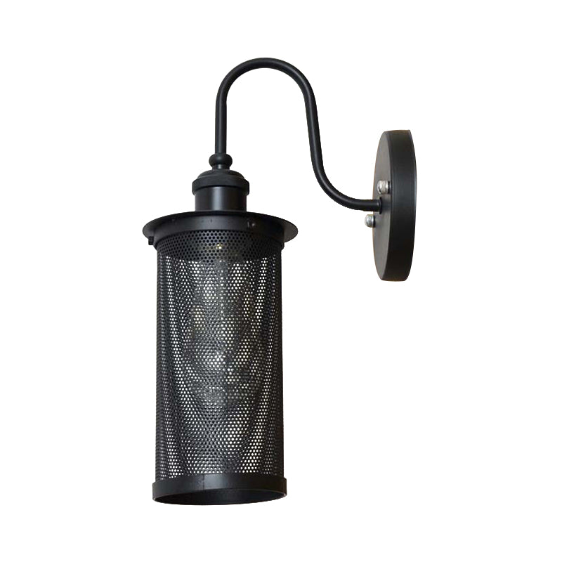 Cylindrical Mesh Metal Shade Wall Lighting Farmhouse 1 Light Corridor Wall Sconce Lamp in Black/Brass Clearhalo 'Art deco wall lights' 'Cast Iron' 'Glass' 'Industrial wall lights' 'Industrial' 'Middle century wall lights' 'Modern' 'Rustic wall lights' 'Tiffany' 'Traditional wall lights' 'Wall Lamps & Sconces' 'Wall Lights' Lighting' 773312