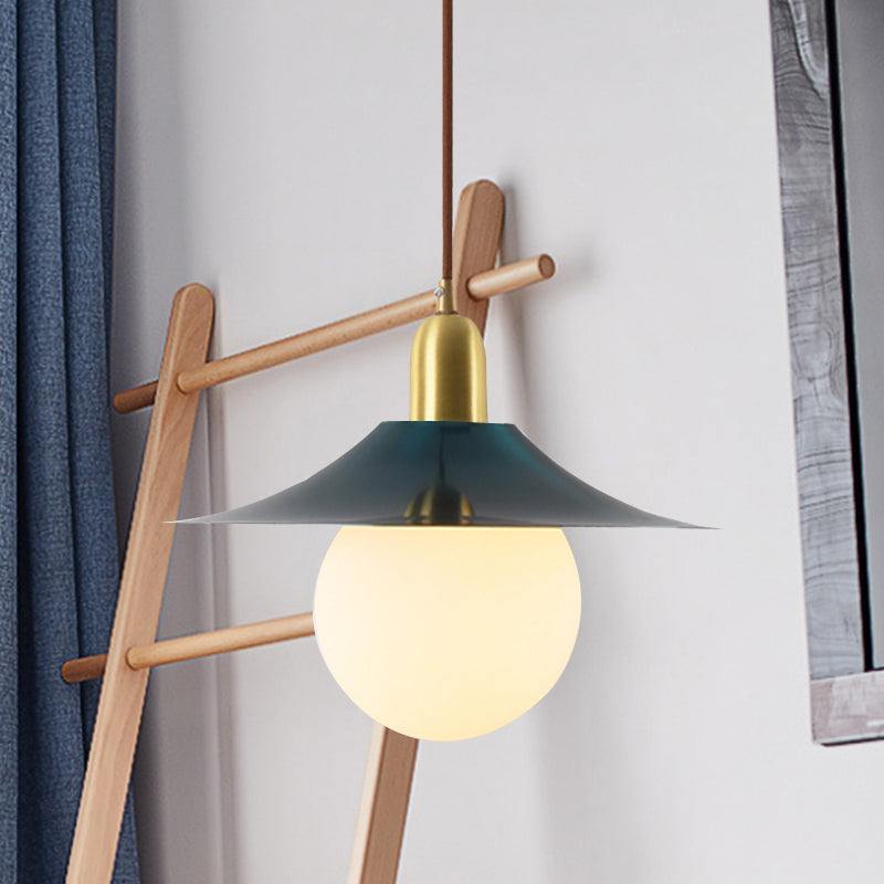 Milk Glass Global Pendant Lighting with Flared Shade Mid-Century 1 Light Indoor Hanging Light in Gold/Black/Blue, Small/Large Blue Large Clearhalo 'Ceiling Lights' 'Modern Pendants' 'Modern' 'Pendant Lights' 'Pendants' Lighting' 773483