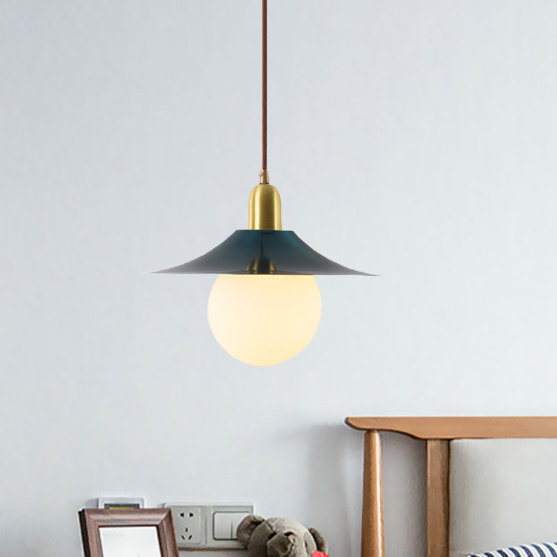 Milk Glass Global Pendant Lighting with Flared Shade Mid-Century 1 Light Indoor Hanging Light in Gold/Black/Blue, Small/Large Clearhalo 'Ceiling Lights' 'Modern Pendants' 'Modern' 'Pendant Lights' 'Pendants' Lighting' 773484