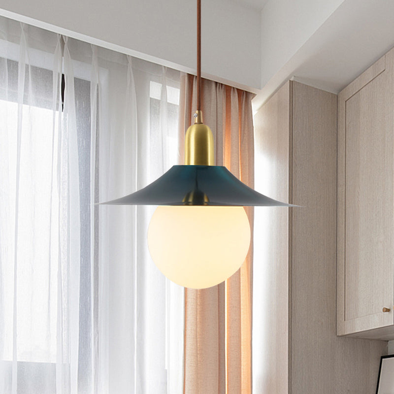 Milk Glass Global Pendant Lighting with Flared Shade Mid-Century 1 Light Indoor Hanging Light in Gold/Black/Blue, Small/Large Clearhalo 'Ceiling Lights' 'Modern Pendants' 'Modern' 'Pendant Lights' 'Pendants' Lighting' 773485