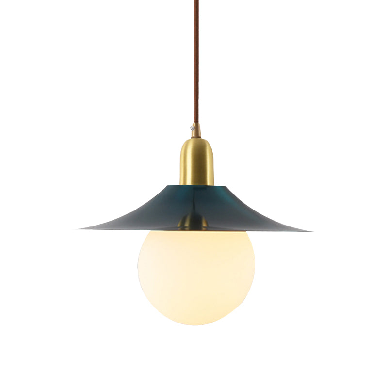 Milk Glass Global Pendant Lighting with Flared Shade Mid-Century 1 Light Indoor Hanging Light in Gold/Black/Blue, Small/Large Clearhalo 'Ceiling Lights' 'Modern Pendants' 'Modern' 'Pendant Lights' 'Pendants' Lighting' 773486