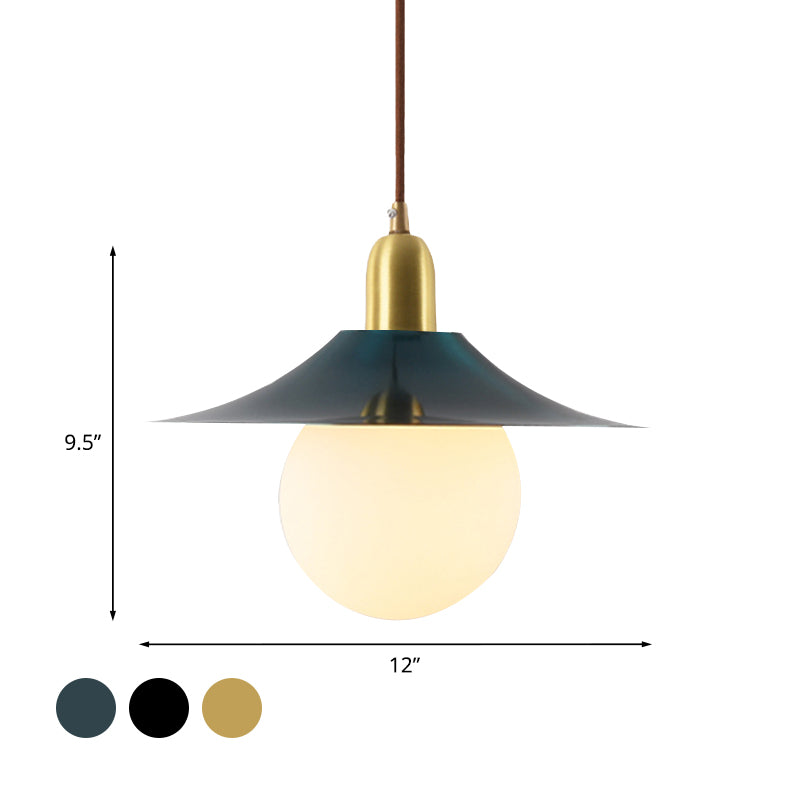 Milk Glass Global Pendant Lighting with Flared Shade Mid-Century 1 Light Indoor Hanging Light in Gold/Black/Blue, Small/Large Clearhalo 'Ceiling Lights' 'Modern Pendants' 'Modern' 'Pendant Lights' 'Pendants' Lighting' 773487