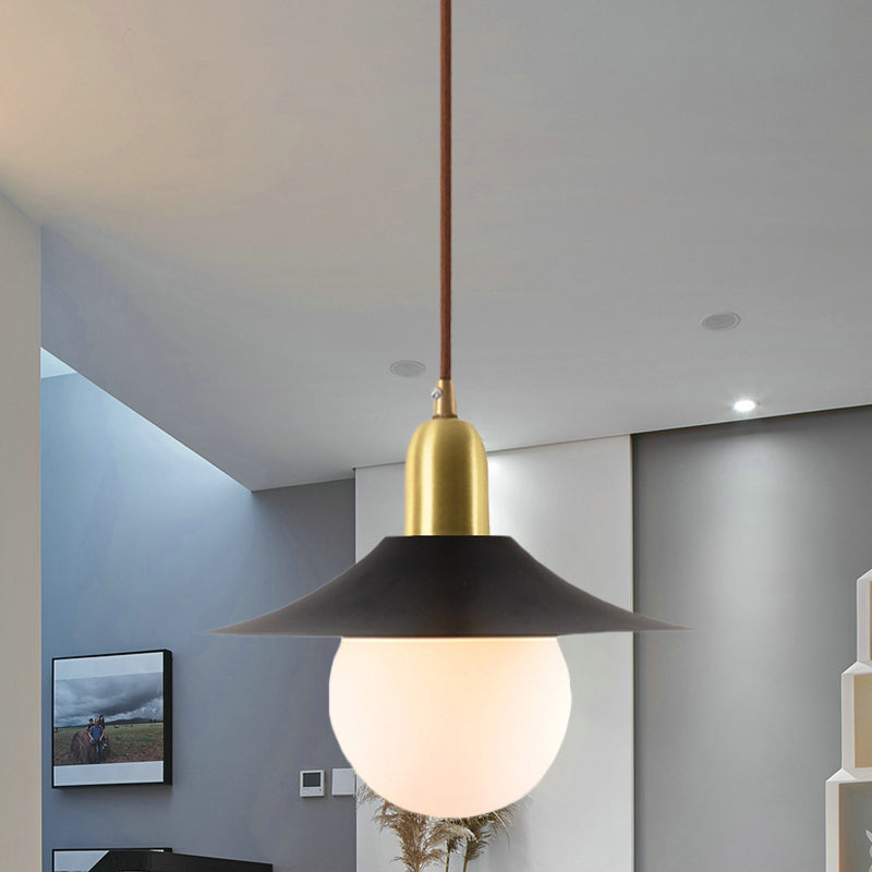 Milk Glass Global Pendant Lighting with Flared Shade Mid-Century 1 Light Indoor Hanging Light in Gold/Black/Blue, Small/Large Black Large Clearhalo 'Ceiling Lights' 'Modern Pendants' 'Modern' 'Pendant Lights' 'Pendants' Lighting' 773488