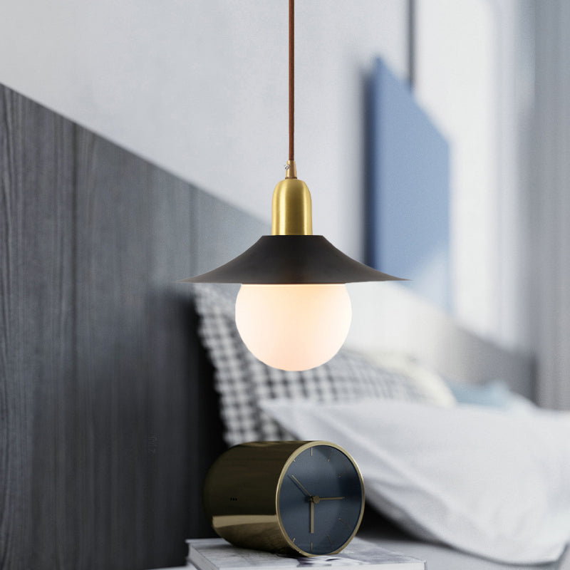 Milk Glass Global Pendant Lighting with Flared Shade Mid-Century 1 Light Indoor Hanging Light in Gold/Black/Blue, Small/Large Clearhalo 'Ceiling Lights' 'Modern Pendants' 'Modern' 'Pendant Lights' 'Pendants' Lighting' 773489