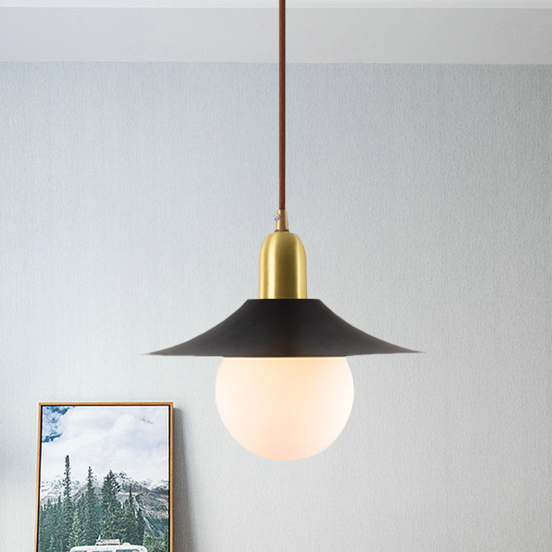 Milk Glass Global Pendant Lighting with Flared Shade Mid-Century 1 Light Indoor Hanging Light in Gold/Black/Blue, Small/Large Clearhalo 'Ceiling Lights' 'Modern Pendants' 'Modern' 'Pendant Lights' 'Pendants' Lighting' 773490