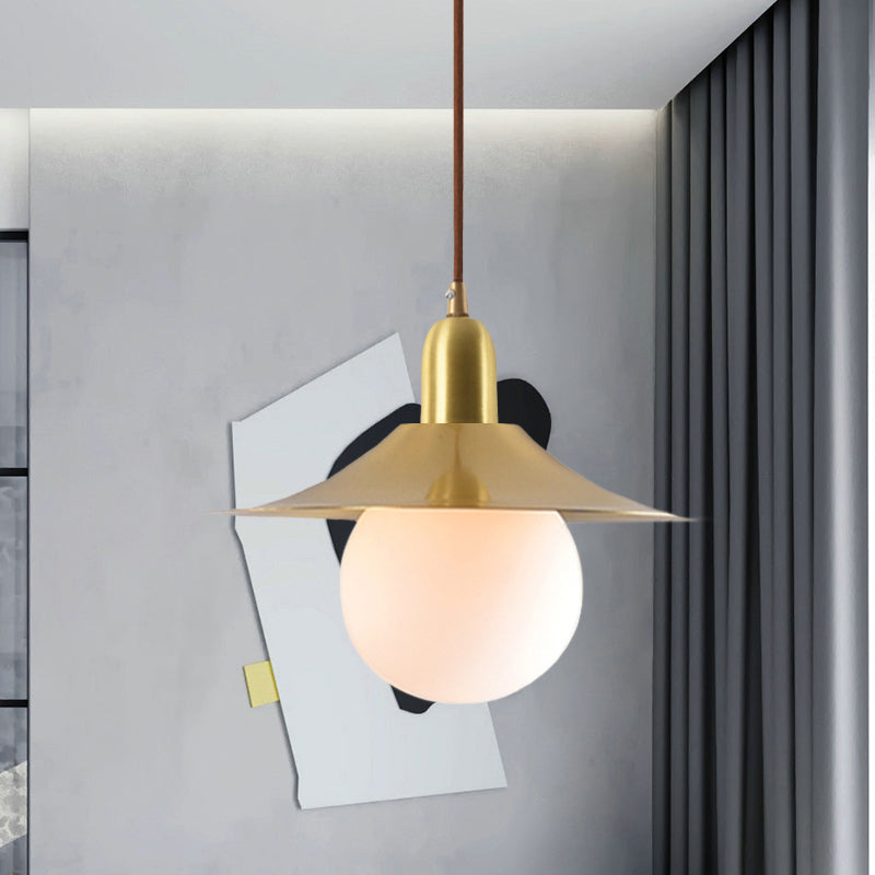 Milk Glass Global Pendant Lighting with Flared Shade Mid-Century 1 Light Indoor Hanging Light in Gold/Black/Blue, Small/Large Gold Large Clearhalo 'Ceiling Lights' 'Modern Pendants' 'Modern' 'Pendant Lights' 'Pendants' Lighting' 773492