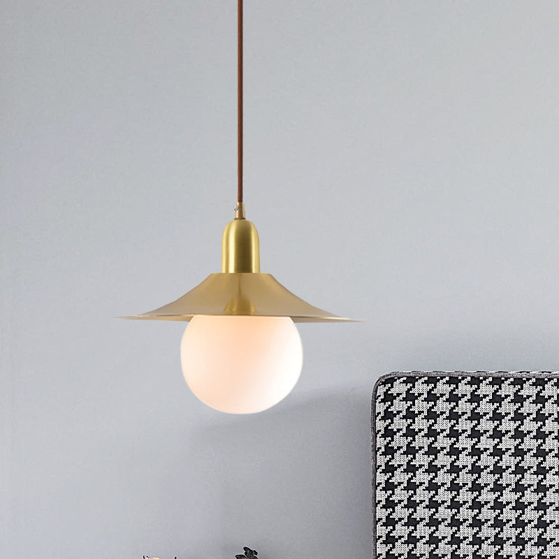 Milk Glass Global Pendant Lighting with Flared Shade Mid-Century 1 Light Indoor Hanging Light in Gold/Black/Blue, Small/Large Clearhalo 'Ceiling Lights' 'Modern Pendants' 'Modern' 'Pendant Lights' 'Pendants' Lighting' 773493