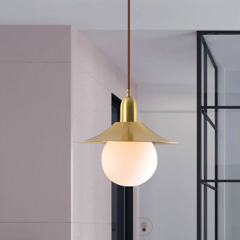 Milk Glass Global Pendant Lighting with Flared Shade Mid-Century 1 Light Indoor Hanging Light in Gold/Black/Blue, Small/Large Clearhalo 'Ceiling Lights' 'Modern Pendants' 'Modern' 'Pendant Lights' 'Pendants' Lighting' 773494