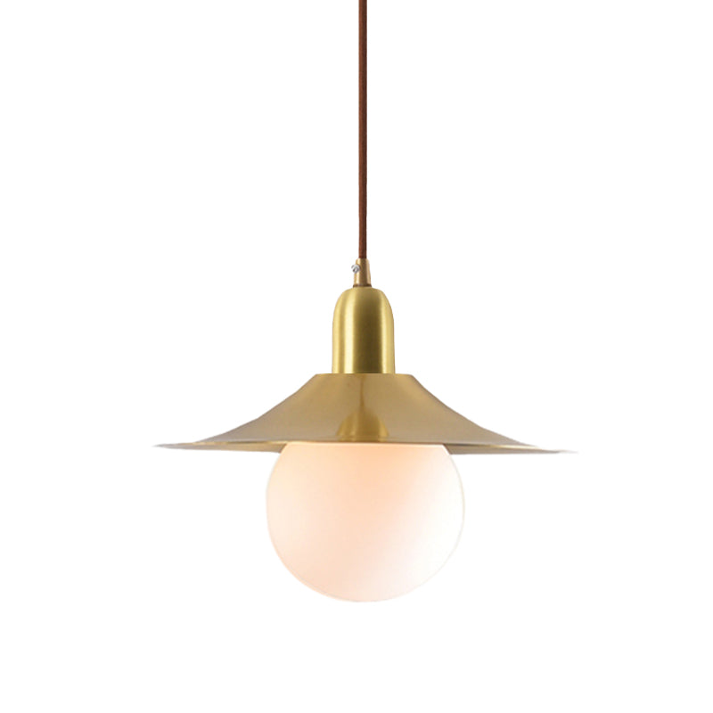 Milk Glass Global Pendant Lighting with Flared Shade Mid-Century 1 Light Indoor Hanging Light in Gold/Black/Blue, Small/Large Clearhalo 'Ceiling Lights' 'Modern Pendants' 'Modern' 'Pendant Lights' 'Pendants' Lighting' 773495