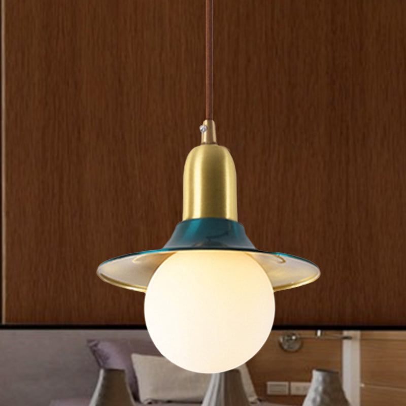 Milk Glass Global Pendant Lighting with Flared Shade Mid-Century 1 Light Indoor Hanging Light in Gold/Black/Blue, Small/Large Blue Small Clearhalo 'Ceiling Lights' 'Modern Pendants' 'Modern' 'Pendant Lights' 'Pendants' Lighting' 773496