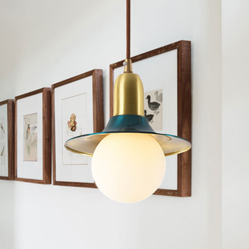 Milk Glass Global Pendant Lighting with Flared Shade Mid-Century 1 Light Indoor Hanging Light in Gold/Black/Blue, Small/Large Clearhalo 'Ceiling Lights' 'Modern Pendants' 'Modern' 'Pendant Lights' 'Pendants' Lighting' 773498