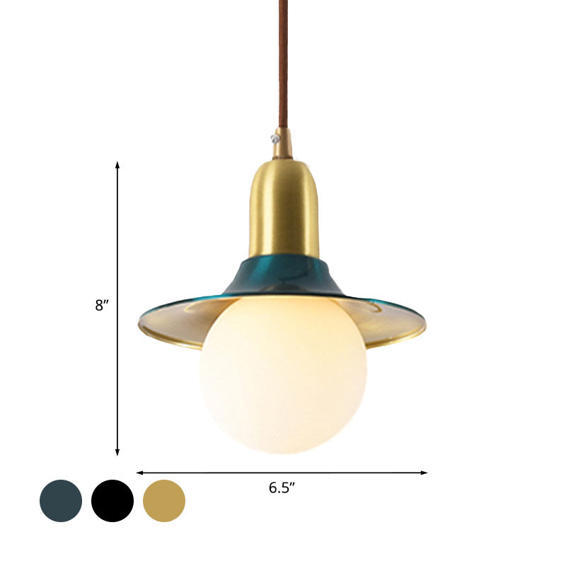 Milk Glass Global Pendant Lighting with Flared Shade Mid-Century 1 Light Indoor Hanging Light in Gold/Black/Blue, Small/Large Clearhalo 'Ceiling Lights' 'Modern Pendants' 'Modern' 'Pendant Lights' 'Pendants' Lighting' 773500