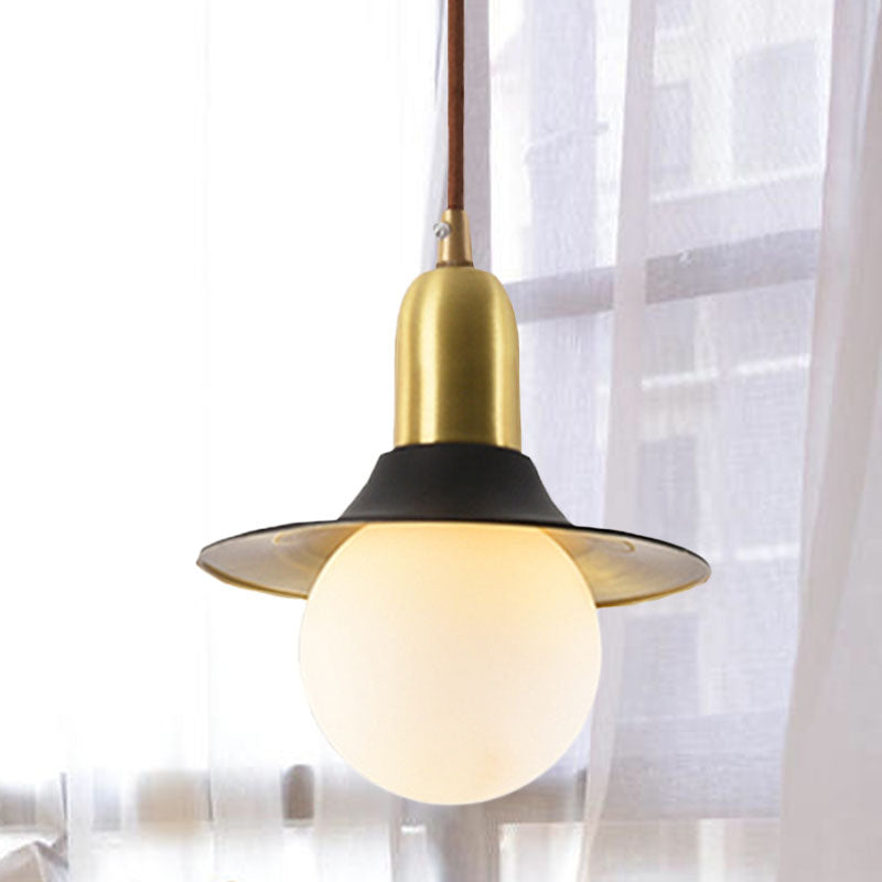 Milk Glass Global Pendant Lighting with Flared Shade Mid-Century 1 Light Indoor Hanging Light in Gold/Black/Blue, Small/Large Black Small Clearhalo 'Ceiling Lights' 'Modern Pendants' 'Modern' 'Pendant Lights' 'Pendants' Lighting' 773501