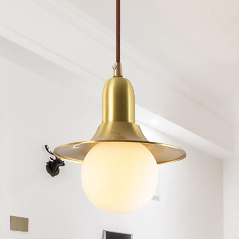 Milk Glass Global Pendant Lighting with Flared Shade Mid-Century 1 Light Indoor Hanging Light in Gold/Black/Blue, Small/Large Gold Small Clearhalo 'Ceiling Lights' 'Modern Pendants' 'Modern' 'Pendant Lights' 'Pendants' Lighting' 773505