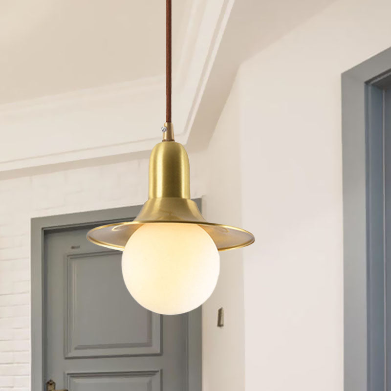 Milk Glass Global Pendant Lighting with Flared Shade Mid-Century 1 Light Indoor Hanging Light in Gold/Black/Blue, Small/Large Clearhalo 'Ceiling Lights' 'Modern Pendants' 'Modern' 'Pendant Lights' 'Pendants' Lighting' 773506