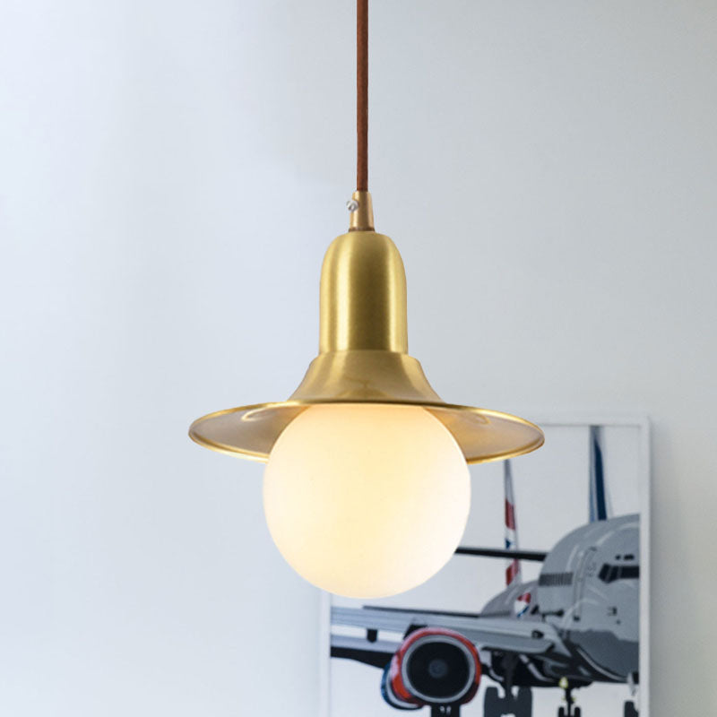 Milk Glass Global Pendant Lighting with Flared Shade Mid-Century 1 Light Indoor Hanging Light in Gold/Black/Blue, Small/Large Clearhalo 'Ceiling Lights' 'Modern Pendants' 'Modern' 'Pendant Lights' 'Pendants' Lighting' 773507