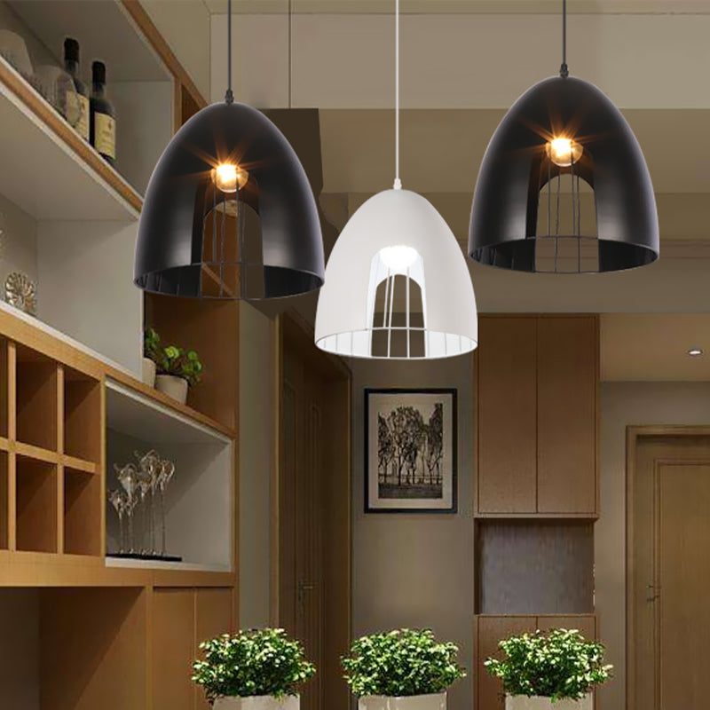 Bell Metallic Ceiling Light with Cage Shade Industrial 1 Light Dining Table Hanging Pendant Light in White/Black Clearhalo 'Ceiling Lights' 'Modern Pendants' 'Modern' 'Pendant Lights' 'Pendants' Lighting' 773650