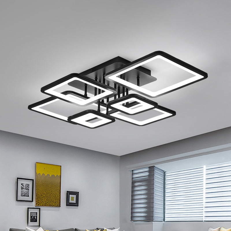 LED 4/6/8 Lights Living Room Semi Flush Chandelier with Square Acrylic Shade Black Ceiling Light in Warm/White/Natural Light 6 Black Clearhalo 'Ceiling Lights' 'Close To Ceiling Lights' 'Close to ceiling' 'Semi-flushmount' Lighting' 773789