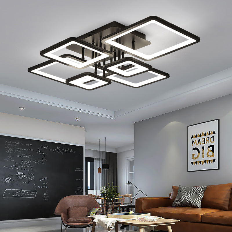 LED 4/6/8 Lights Living Room Semi Flush Chandelier with Square Acrylic Shade Black Ceiling Light in Warm/White/Natural Light Clearhalo 'Ceiling Lights' 'Close To Ceiling Lights' 'Close to ceiling' 'Semi-flushmount' Lighting' 773790