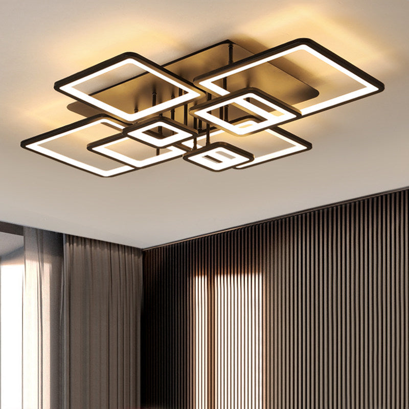 LED 4/6/8 Lights Living Room Semi Flush Chandelier with Square Acrylic Shade Black Ceiling Light in Warm/White/Natural Light 8 Black Clearhalo 'Ceiling Lights' 'Close To Ceiling Lights' 'Close to ceiling' 'Semi-flushmount' Lighting' 773794