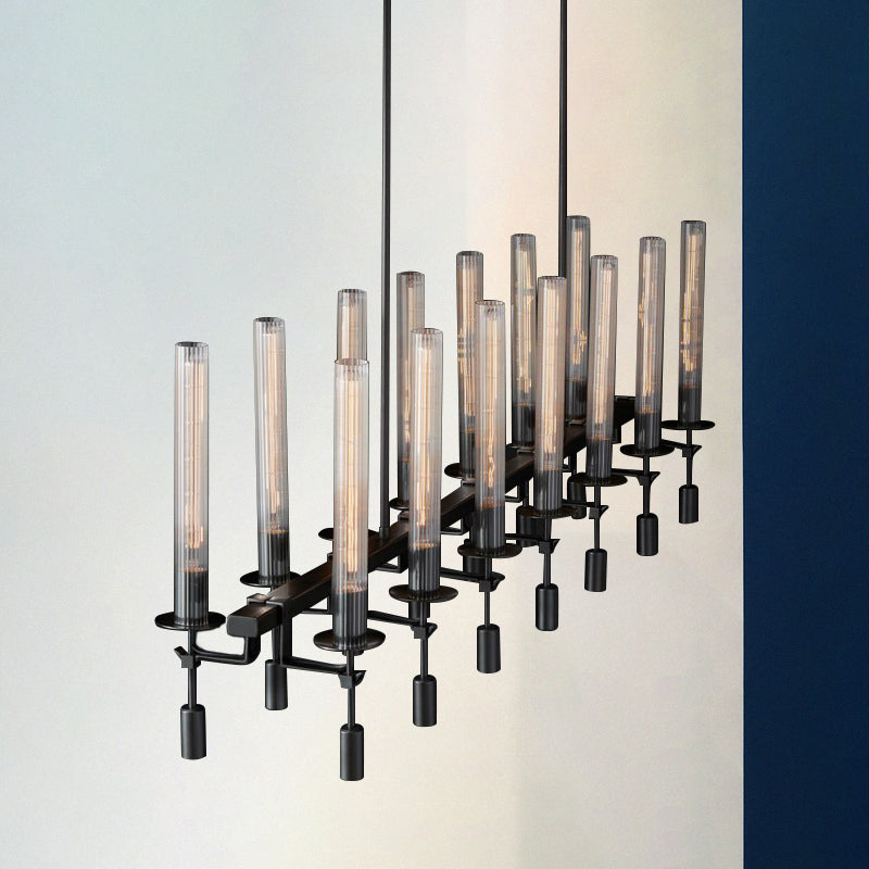 Black/Brass/Nickle Tube Island Chandelier Post Modern Multi Lights Fluted Glass Led Hanging Lamp Fixture with Linear Design Black Clearhalo 'Ceiling Lights' 'Glass shade' 'Glass' 'Island Lights' Lighting' 773923