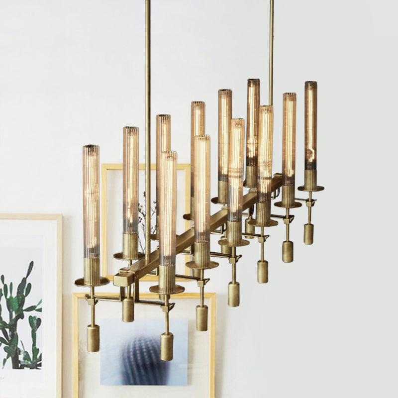 Black/Brass/Nickle Tube Island Chandelier Post Modern Multi Lights Fluted Glass Led Hanging Lamp Fixture with Linear Design Brass Clearhalo 'Ceiling Lights' 'Glass shade' 'Glass' 'Island Lights' Lighting' 773928