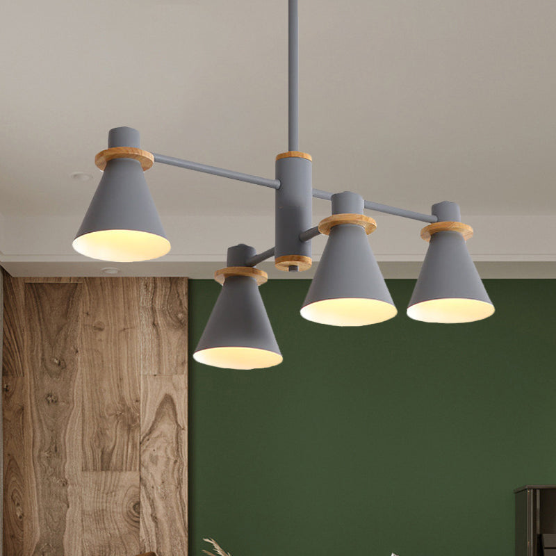 Contemporary Suspension Light Funnel Shade Metal 2-Tier 4/6/8 Lights Chandelier for Restaurant 4 Grey Clearhalo 'Ceiling Lights' 'Chandeliers' 'Modern Chandeliers' 'Modern' Lighting' 774412