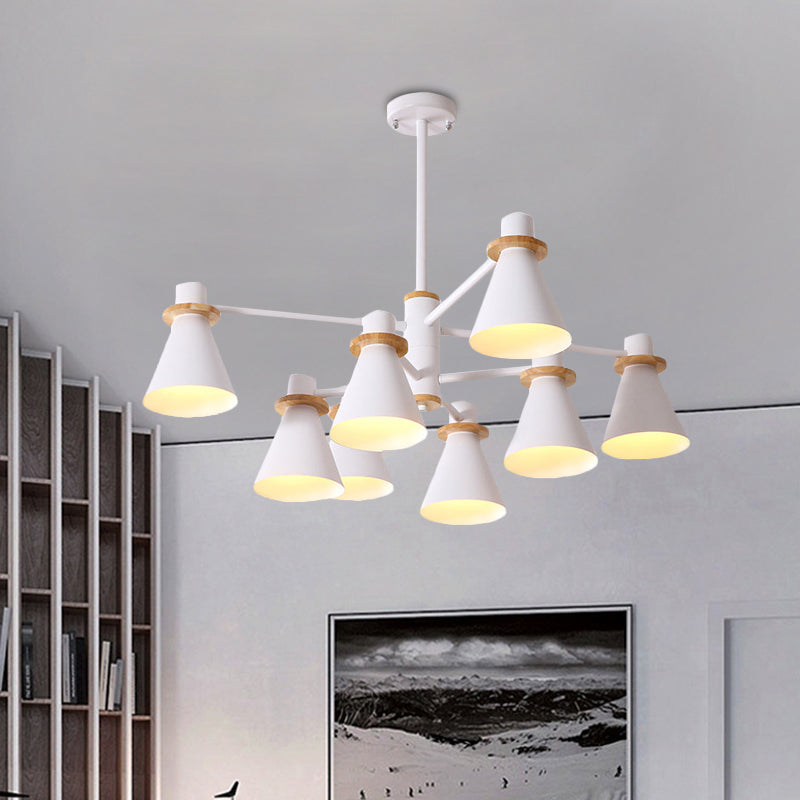 Contemporary Suspension Light Funnel Shade Metal 2-Tier 4/6/8 Lights Chandelier for Restaurant 8 White Clearhalo 'Ceiling Lights' 'Chandeliers' 'Modern Chandeliers' 'Modern' Lighting' 774428