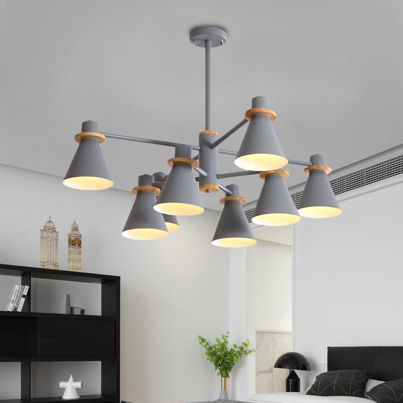 Contemporary Suspension Light Funnel Shade Metal 2-Tier 4/6/8 Lights Chandelier for Restaurant 8 Grey Clearhalo 'Ceiling Lights' 'Chandeliers' 'Modern Chandeliers' 'Modern' Lighting' 774432