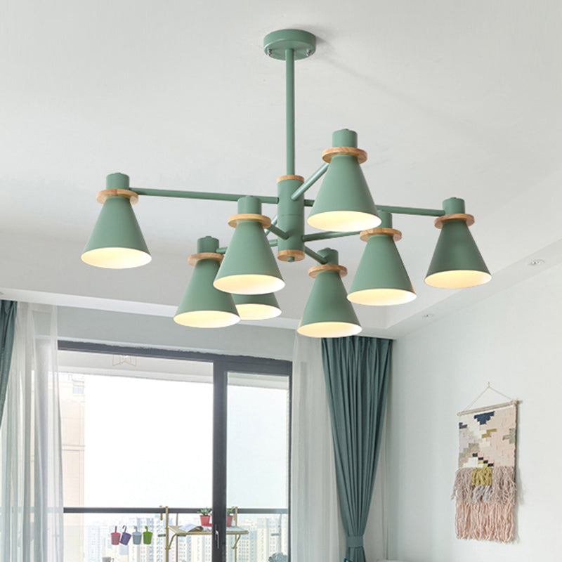 Contemporary Suspension Light Funnel Shade Metal 2-Tier 4/6/8 Lights Chandelier for Restaurant 8 Green Clearhalo 'Ceiling Lights' 'Chandeliers' 'Modern Chandeliers' 'Modern' Lighting' 774435