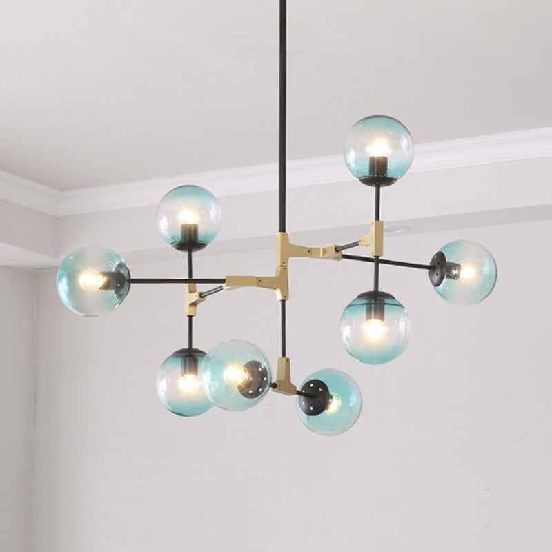 Contemporary Orb Shade Pendant Light Metal Blue Chandelier with Glass Shade for Restaurant 8 Blue Clearhalo 'Ceiling Lights' 'Chandeliers' 'Modern Chandeliers' 'Modern' Lighting' 774480